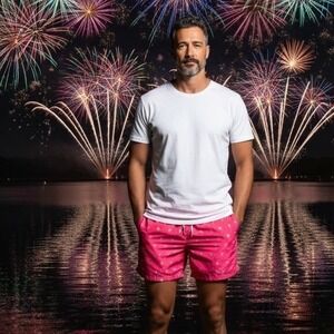 Mosmann Australia Mens Pink Palm Tree Print Swim Trunks‎ Mesh Lined Size L